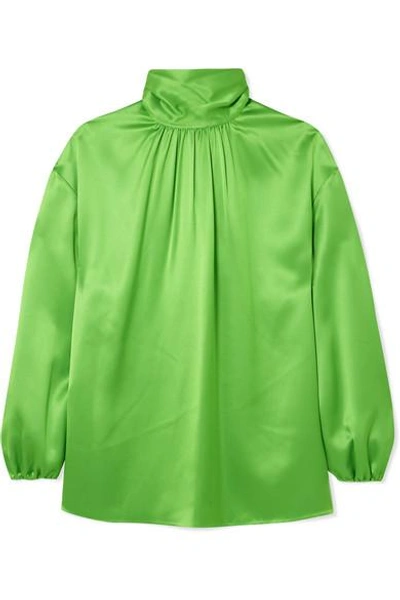 Shop Prada Gathered Neon Silk-satin Blouse In Green