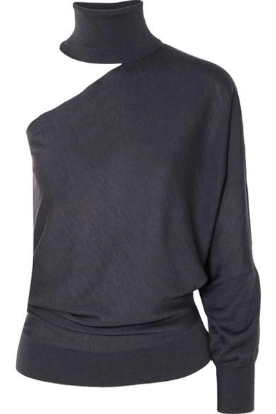 Shop Brunello Cucinelli One-shoulder Cutout Cashmere And Silk-blend Turtleneck Sweater In Anthracite