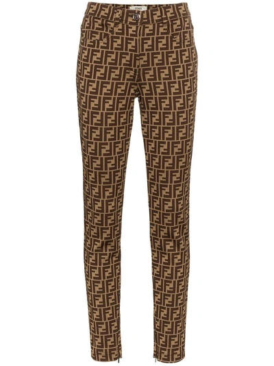 Shop Fendi Ff Motif Print Skinny Trousers In Brown