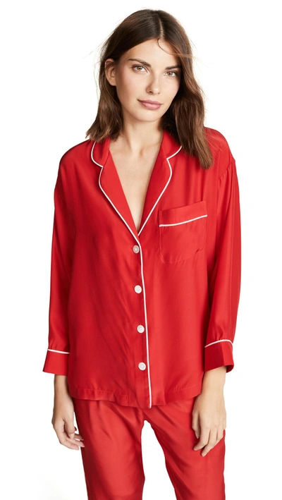 Shop Sleepy Jones Marina Pajama Shirt In Silk Charmeuse Red