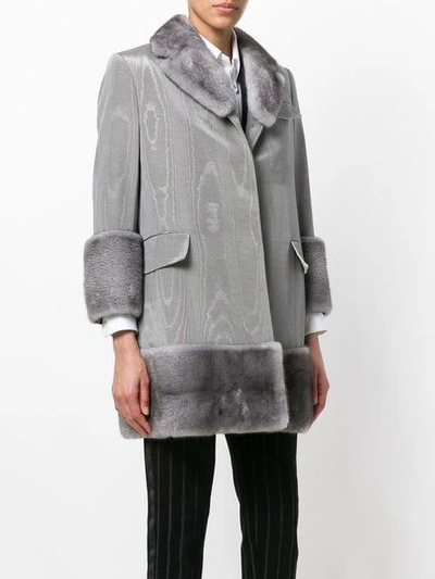 Shop Thom Browne Moire Vent Back Chesterfield Overcoat With Mink Fur - Grey