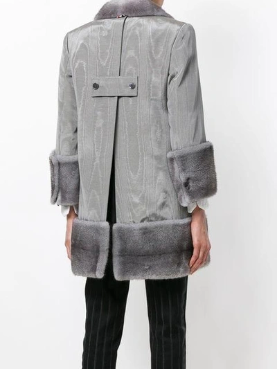 Shop Thom Browne Moire Vent Back Chesterfield Overcoat With Mink Fur - Grey