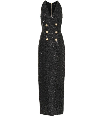 Shop Balmain Sequinned Wrap Dress In Black