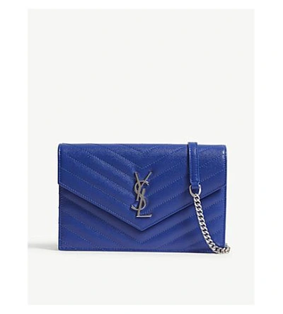 Shop Saint Laurent Monogram Pebbled Leather Wallet-on-chain In Bright Blue/silver