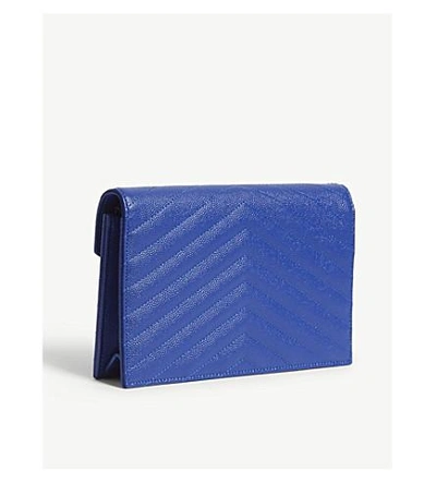 Shop Saint Laurent Monogram Pebbled Leather Wallet-on-chain In Bright Blue/silver