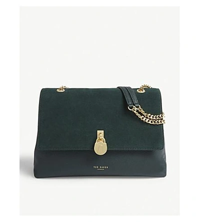 Ted Baker Hermiaa Suede And Leather Shoulder Bag In Dark Green | ModeSens