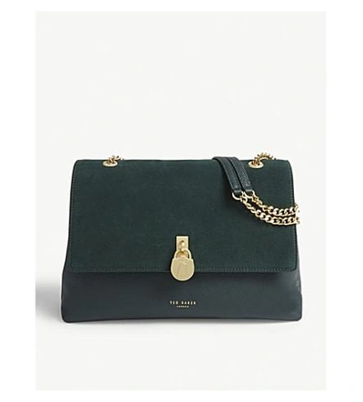 Ted Baker Hermiaa Suede And Leather Shoulder Bag In Dark Green