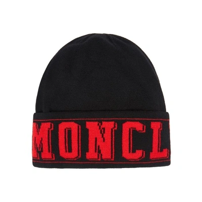 Shop Moncler Black Logo-intarsia Wool-blend Beanie