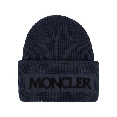 Shop Moncler Navy Logo-appliquéd Wool Beanie In Blue