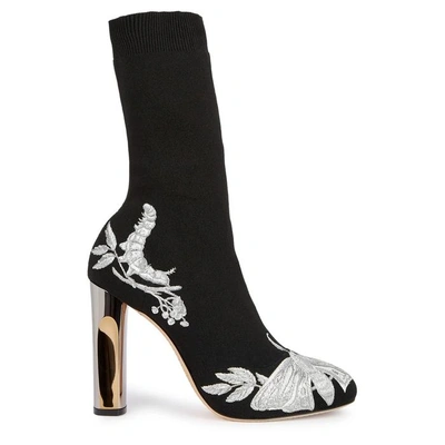 Shop Alexander Mcqueen Embroidered Black Stretch-knit Boots