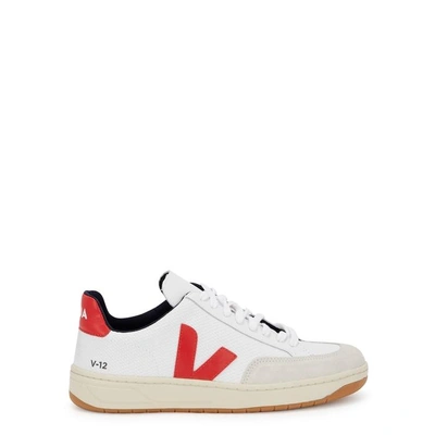 Shop Veja V-12 Mesh Suede Trainers In White And Red