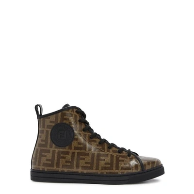 Shop Fendi Monogrammed Leather Hi-top Trainers In Black