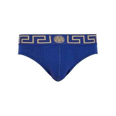 Shop Versace Iconic Stretch-cotton Briefs In Blue