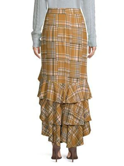 Shop Patbo Plaid Ruffled Midi Skirt In Tan Multi