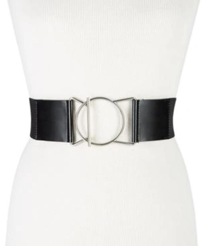 Shop Calvin Klein Geo-buckle Leather Stretch Belt In Black/silver