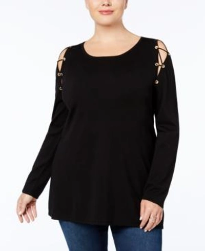 Shop Belldini Plus Size Lace-up Cold-shoulder Tunic In Black