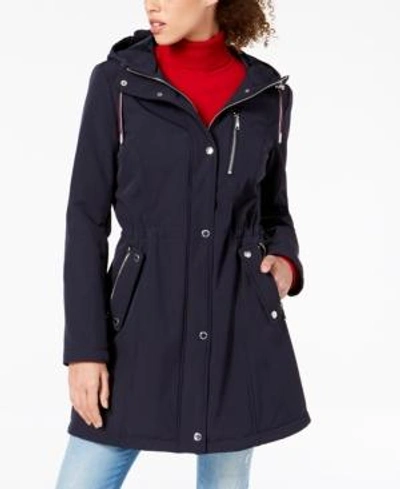 Shop Tommy Hilfiger Hooded Raincoat In Navy
