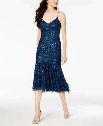 Shop Adrianna Papell Sequin Midi Dress In Deep Blue