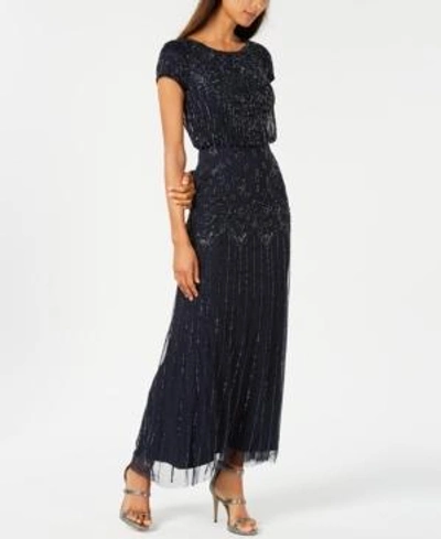 Shop Adrianna Papell Beaded Short-sleeve Gown In Navy