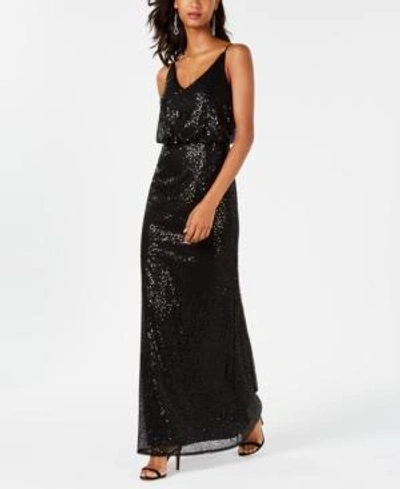 Shop Adrianna Papell Sequined Blouson Gown In Black