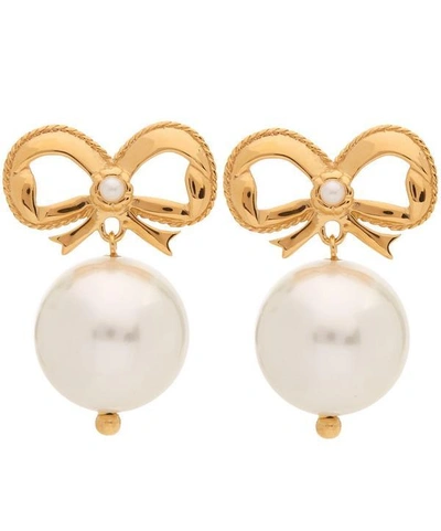 Shop Simone Rocha Gold-plated Bow And Faux Pearl Drop Earrings In White