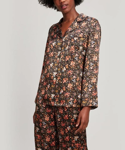 Shop Liberty London Florence Delilah Silk Satin Long Pyjama Set In Black