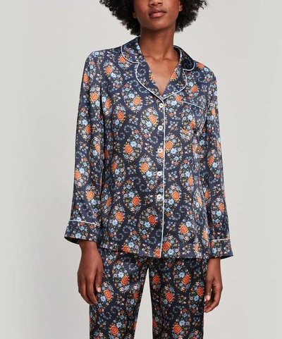 Shop Liberty London Florence Evelyn Silk Satin Long Pyjama Set In Navy