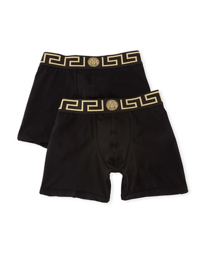 Shop Versace Two-pack Greca Border Long Boxer Trunks In Black Pattern