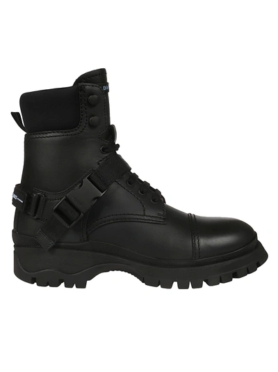 Shop Prada Logo Detail Combat Boots In Black