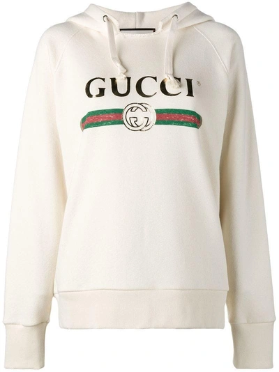 Shop Gucci 'fake'  Embroidered Hoodie In Neutrals