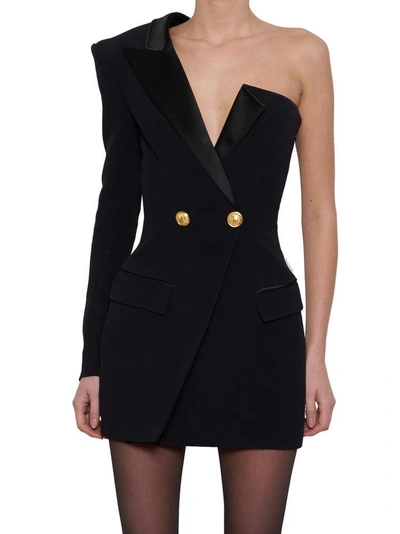 Shop Balmain Single Sleeve Tailored Mini Dress In Black