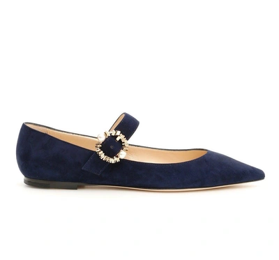 Shop Jimmy Choo Gianna Jewelled Buckle Pointy Flats In Navy
