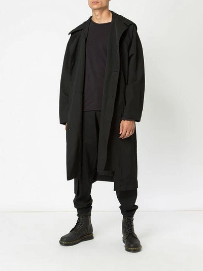 Shop Yohji Yamamoto Hooded High Low Coat - Black
