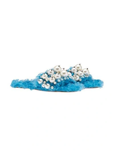 Shop Miu Miu Pearl Embellished Slides - Blue
