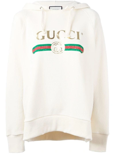 Shop Gucci Logo Front Hooded Sweatshirt - Nude & Neutrals