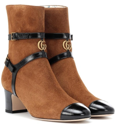 Shop Gucci Geraldine Suede Ankle Boots In Brown