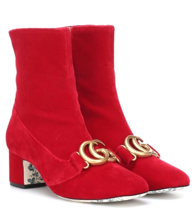 Shop Gucci Embellished Velvet Ankle Boots In Red