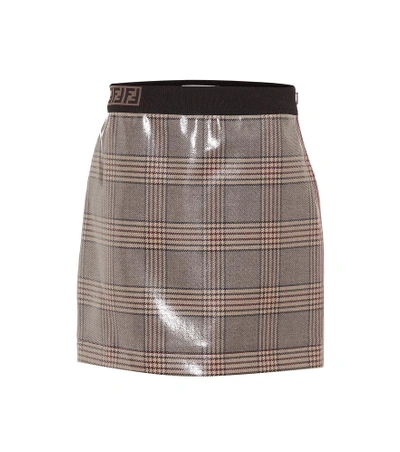 Shop Fendi Coated Checked Wool Miniskrt In Brown