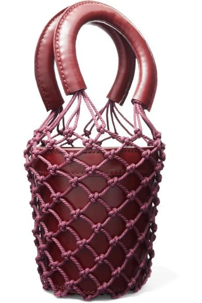 Shop Staud Moreau Mini Leather And Macramé Bucket Bag In Burgundy