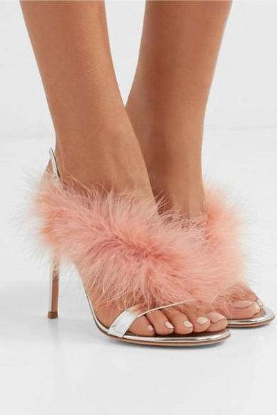 Shop Gianvito Rossi 105 Feather-trimmed Mirrored-leather Slingback Sandals In Baby Pink