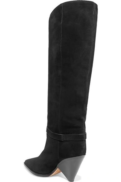 Shop Isabel Marant Lenston Fringed Suede Knee Boots In Black