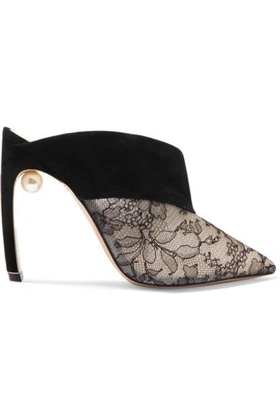 Shop Nicholas Kirkwood Mira Faux Pearl-embellished Suede And Lace Mules In Black