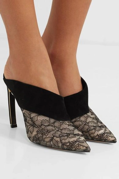 Shop Nicholas Kirkwood Mira Faux Pearl-embellished Suede And Lace Mules In Black