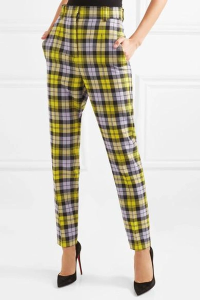 Shop Versace Checked Woven Straight-leg Pants In Yellow