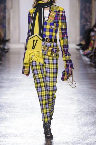 Shop Versace Checked Woven Straight-leg Pants In Yellow