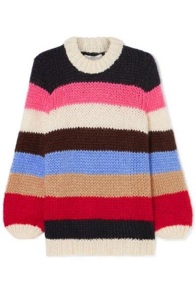 Shop Ganni Striped Mohair And Wool-blend Sweater In Pink