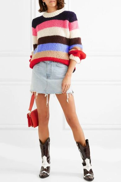 Shop Ganni Striped Mohair And Wool-blend Sweater In Pink