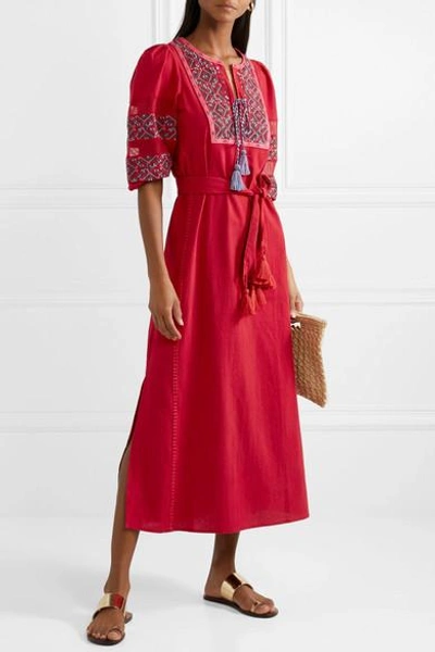 Shop Figue Joni Crochet-trimmed Embroidered Cotton-voile Midi Dress In Red