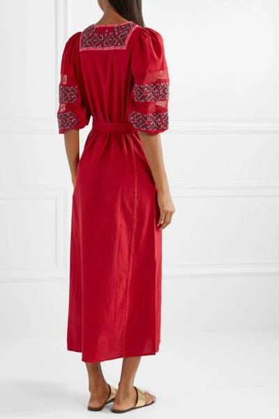 Shop Figue Joni Crochet-trimmed Embroidered Cotton-voile Midi Dress In Red