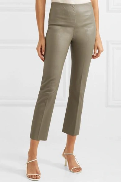 Shop By Malene Birger Florentina Cropped Leather Bootcut Pants In Gray Green